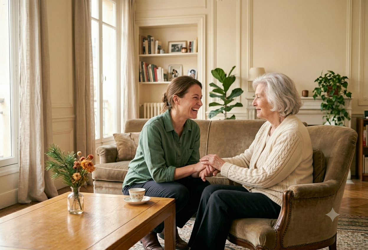 Aide ménagère accompagnant une personne âgée dans un intérieur chaleureux