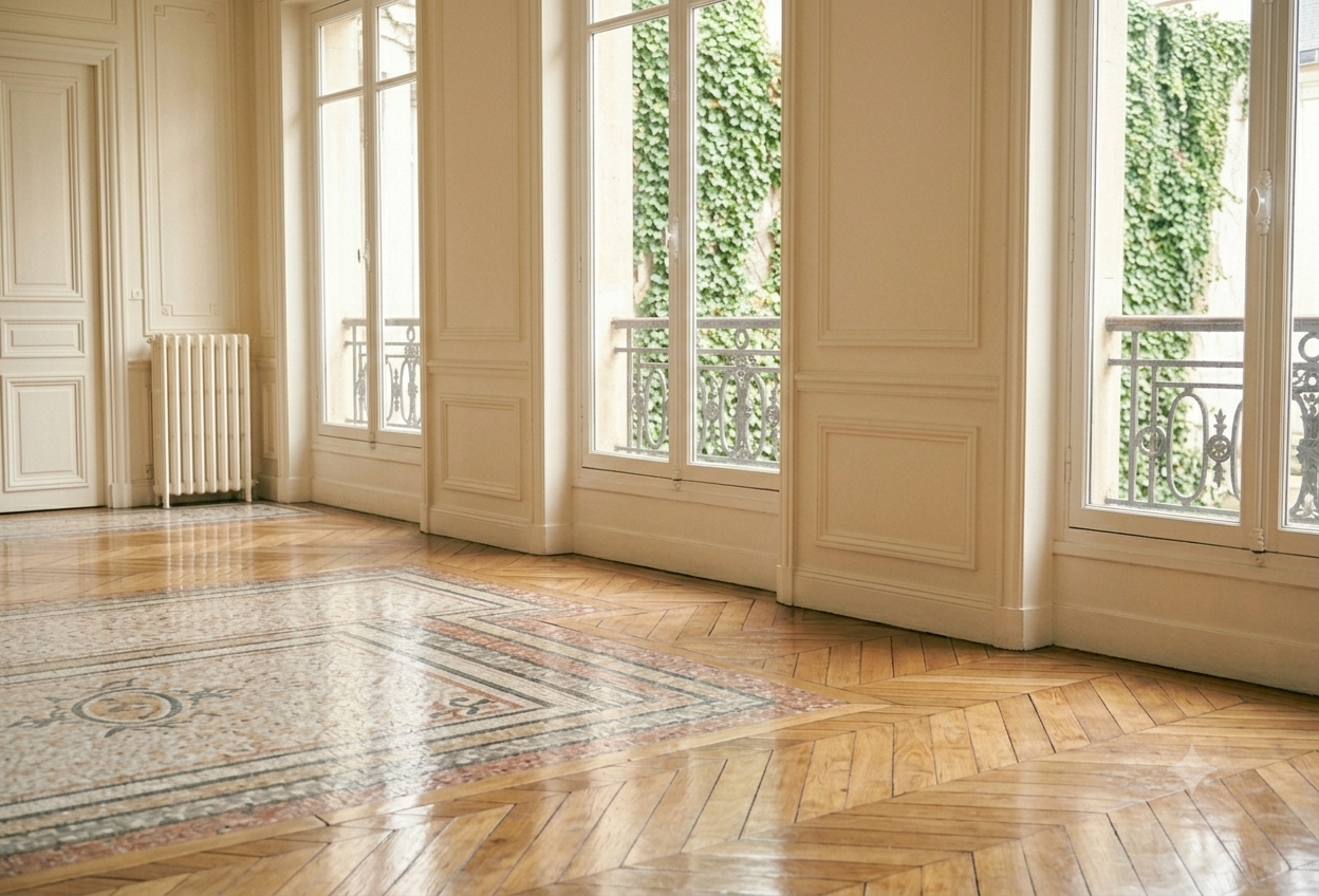 Appartement vide remis à neuf, parquet et fenêtres impeccables