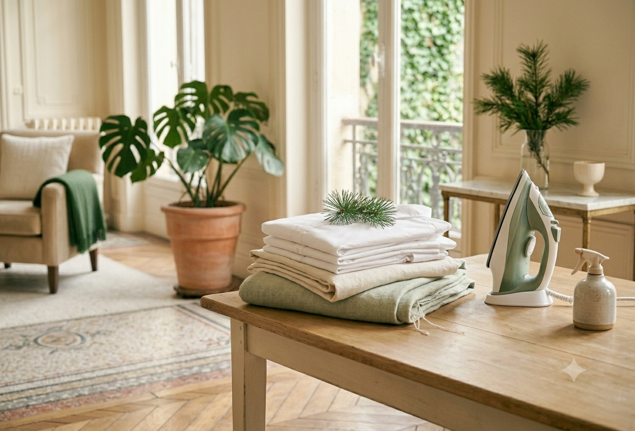 Linge fraîchement repassé et plié près d'un fer